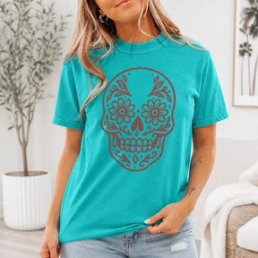 Floral Sugar Skull Graphic T-Shirt | Seafoam Teal Dia De Los Muertos Cotton Tee