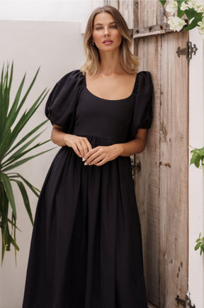 Cherie Puff Sleeve Midi Dress - Black