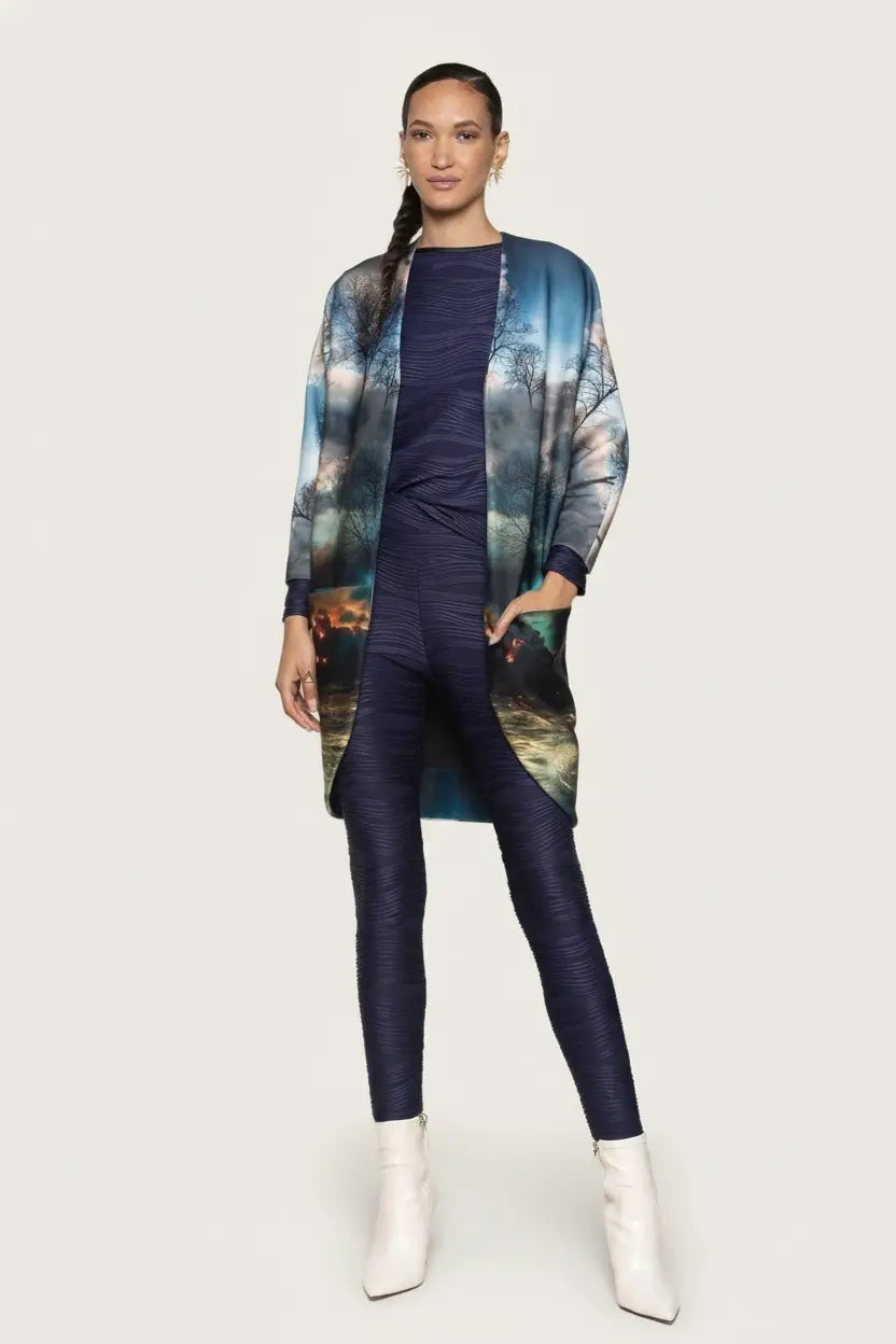 Women’s V-Neck ¾- Sleeve Printed Scuba Big Pocket Kimono