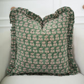 Green Hand Block Printed Thick Linen Frill Pillow Cover - Damru