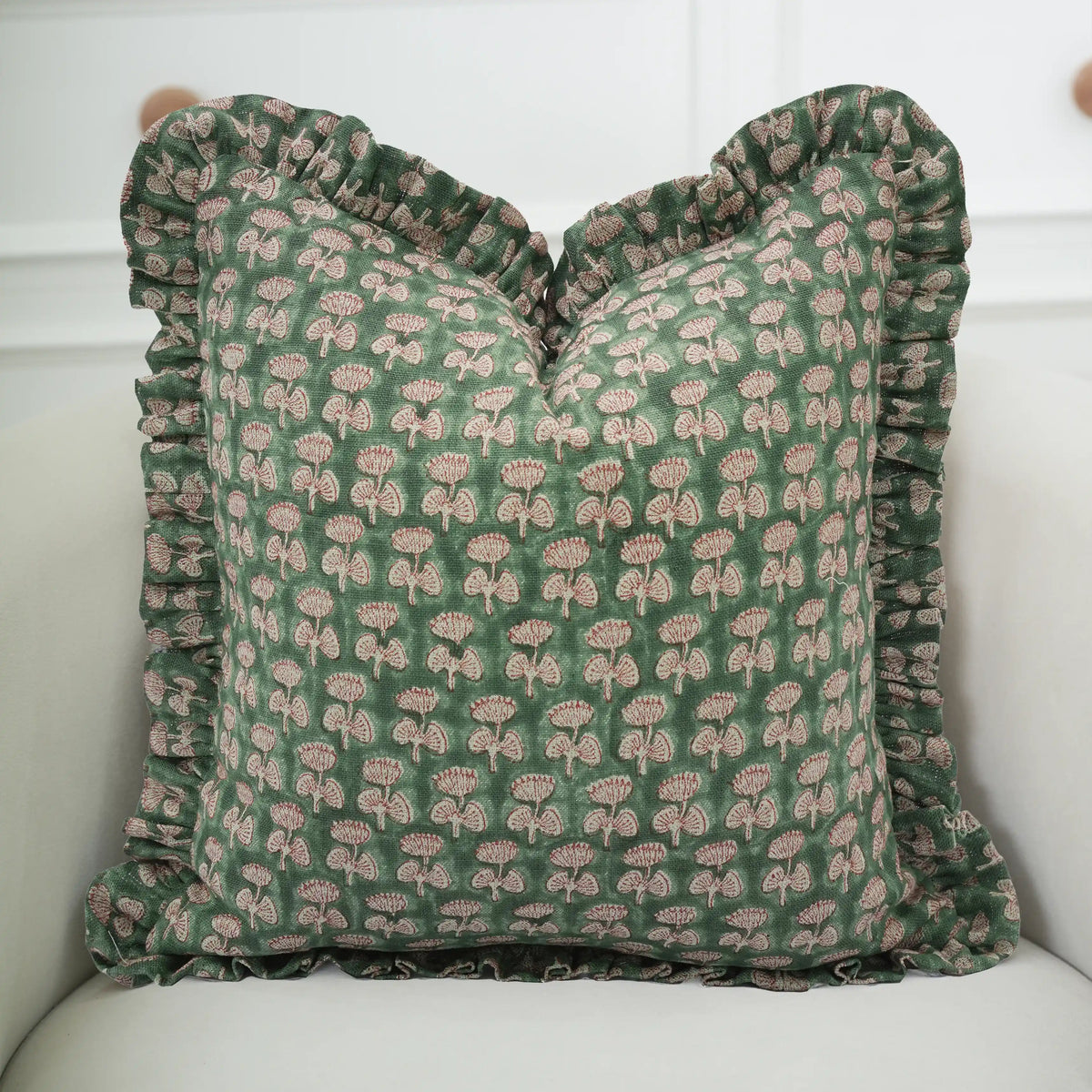 Green Hand Block Printed Thick Linen Frill Pillow Cover - Damru