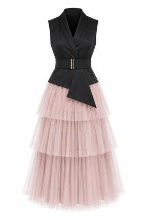 Salmon Pink Layer Skirt & Black Waistcoat – A Chic Contrast