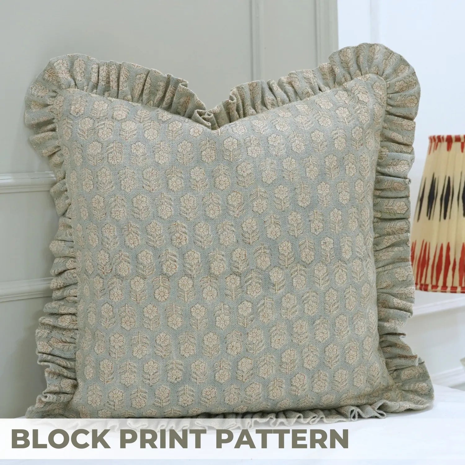 Decorative Block Print Thick Linen Frill Pillow Cover Cushion - Tulsi Buti