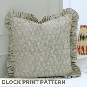 Decorative Block Print Thick Linen Frill Pillow Cover Cushion - Tulsi Buti