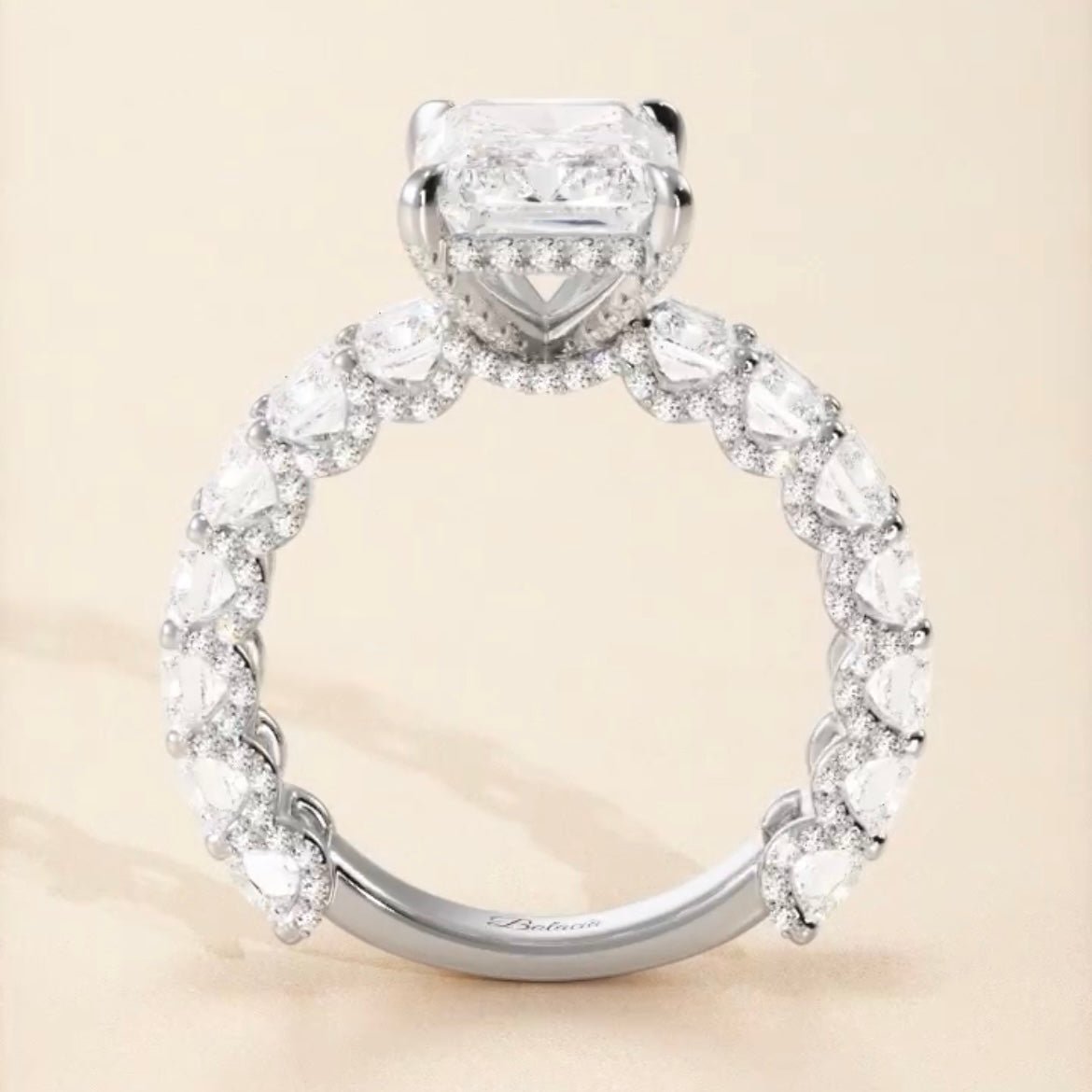 Radiant Cut Iced Out Engagement Ring With Radiant Cut Side Diamonds