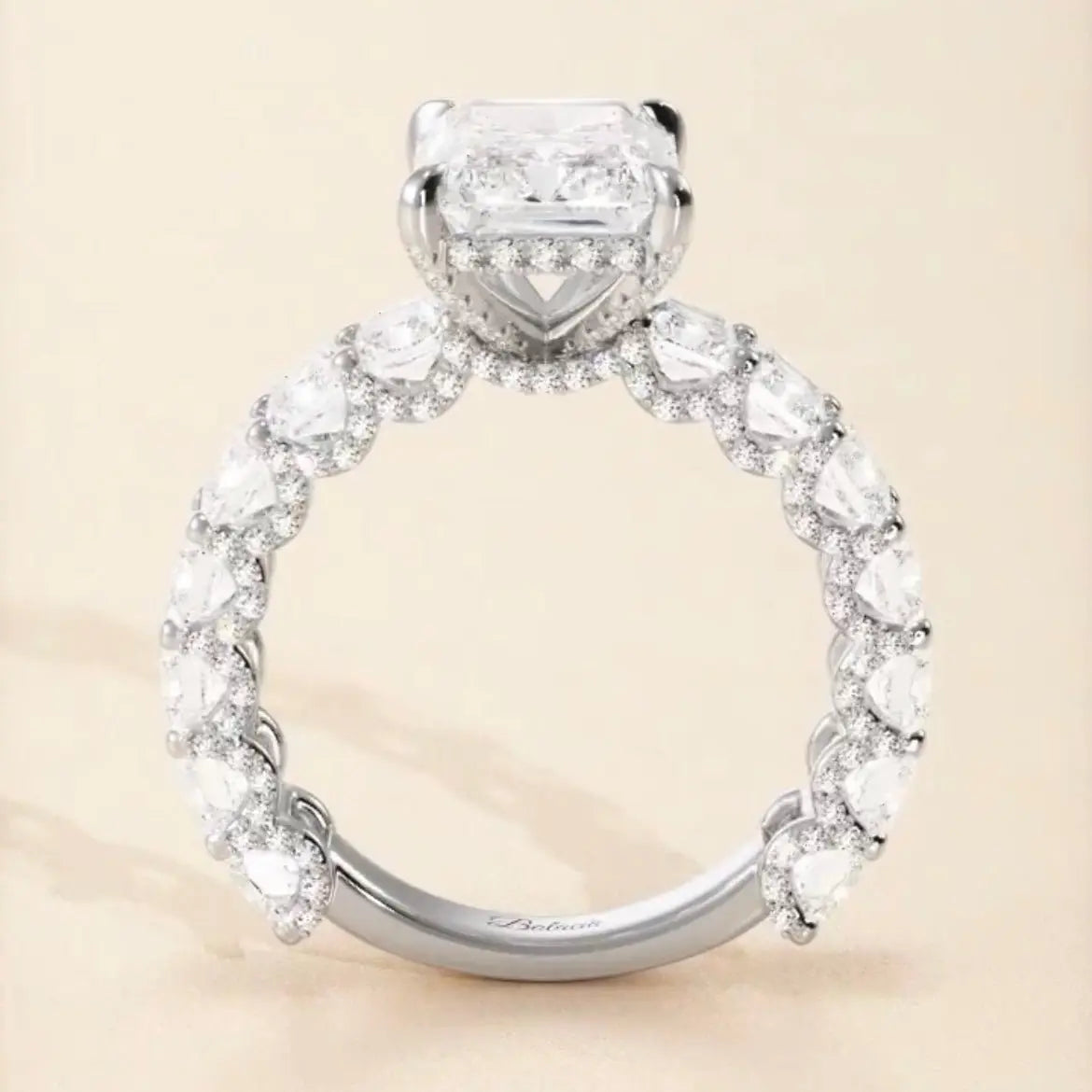Radiant Cut Iced Out Engagement Ring With Radiant Cut Side Diamonds