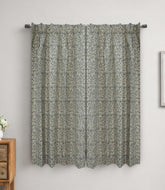 Handcrafted Floral Block Print Pleated Gray Linen Blend Ring Curtain - Semi Seer Qudrat
