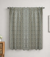 Handcrafted Floral Block Print Pleated Gray Linen Blend Ring Curtain - Semi Seer Qudrat