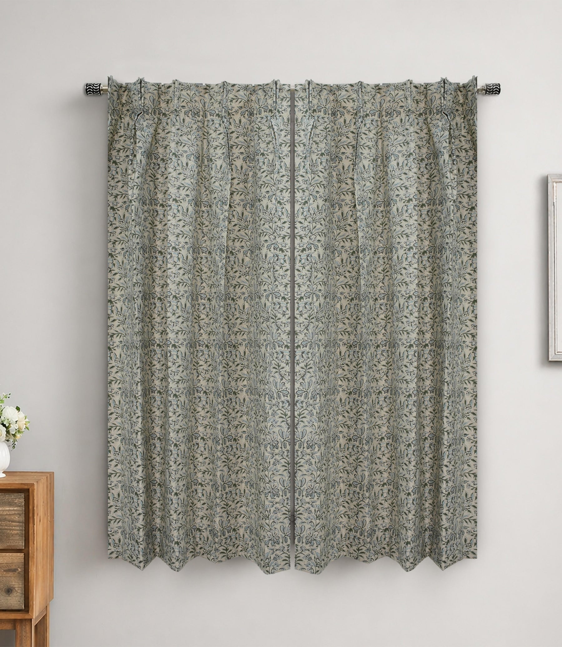 Handcrafted Floral Block Print Pleated Gray Linen Blend Ring Curtain - Semi Seer Qudrat