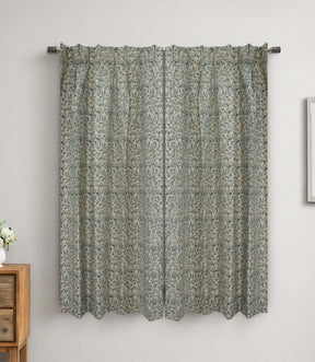 Handcrafted Floral Block Print Pleated Gray Linen Blend Ring Curtain - Semi Seer Qudrat