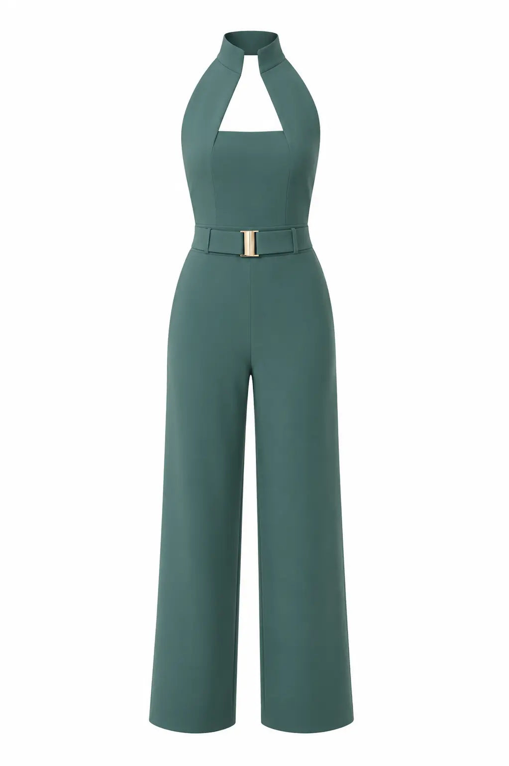 Sea-green High-collar Jumpsuit – Gold Buckle