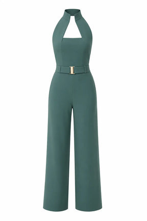 Sea-green High-collar Jumpsuit – Gold Buckle