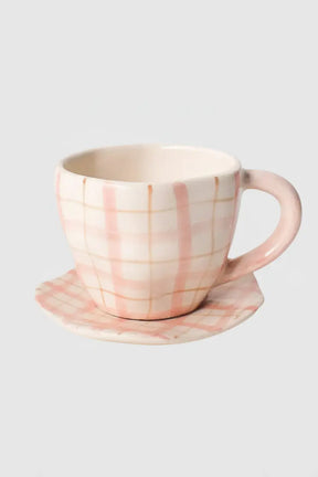 Ceramic Handmade Cute Mug & Coaster Set - Plaid, 2.5 Inches
