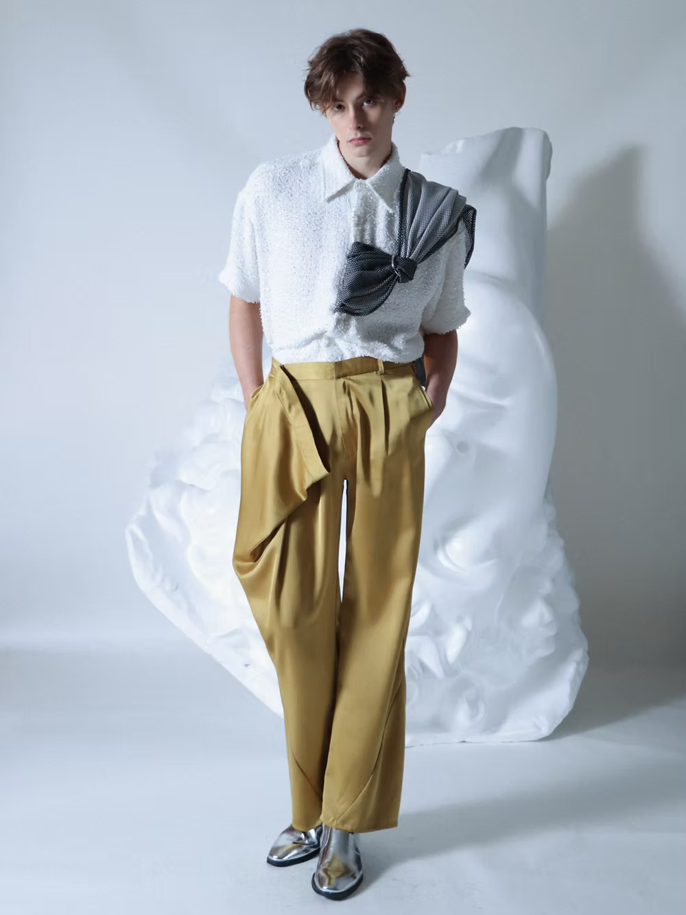 Mesh-stoled White Tweed Boxy Short Shirt