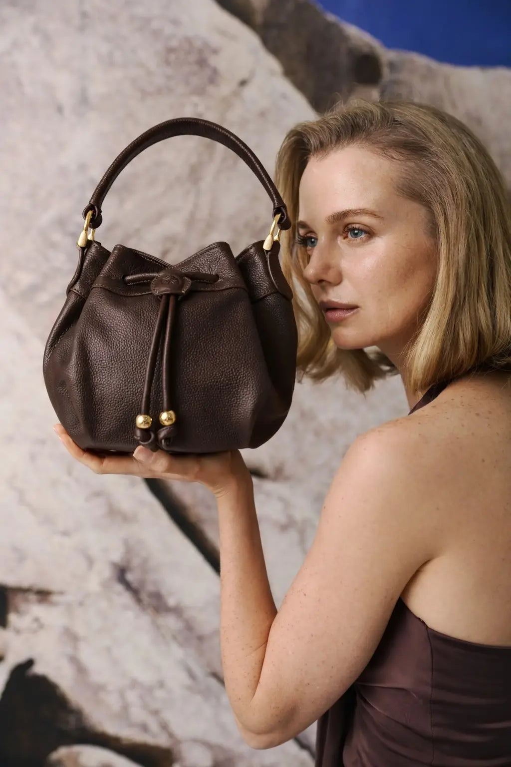 Sienne Textured Italian Leather Bucket Bag