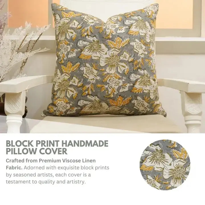 Beautiful Hand Block Printed Viscose Linen Pillow Cover - Papaya Leaf