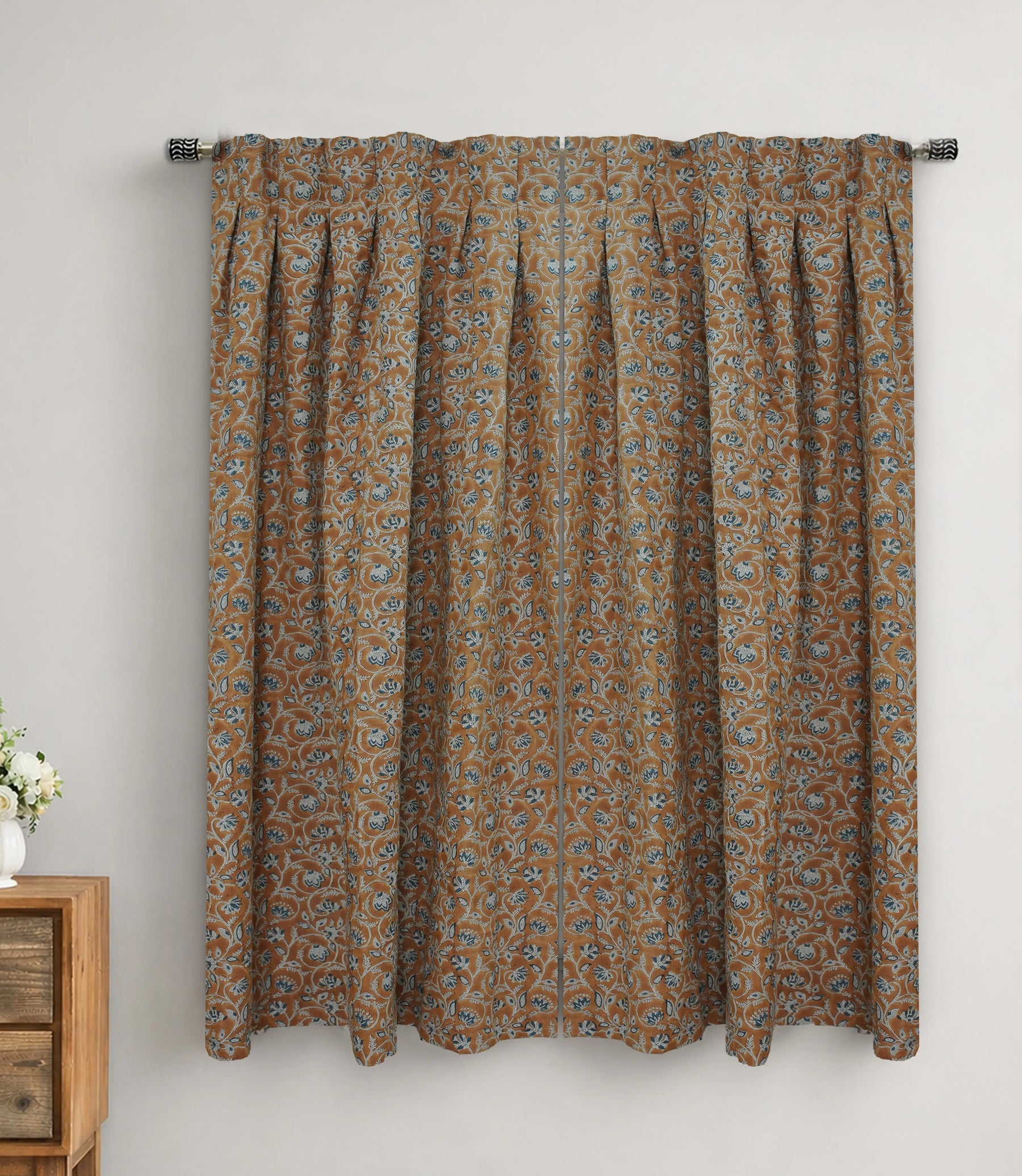 Handcrafted Boho Block Print Two Pleated Pure Linen Curtain - Saraswati
