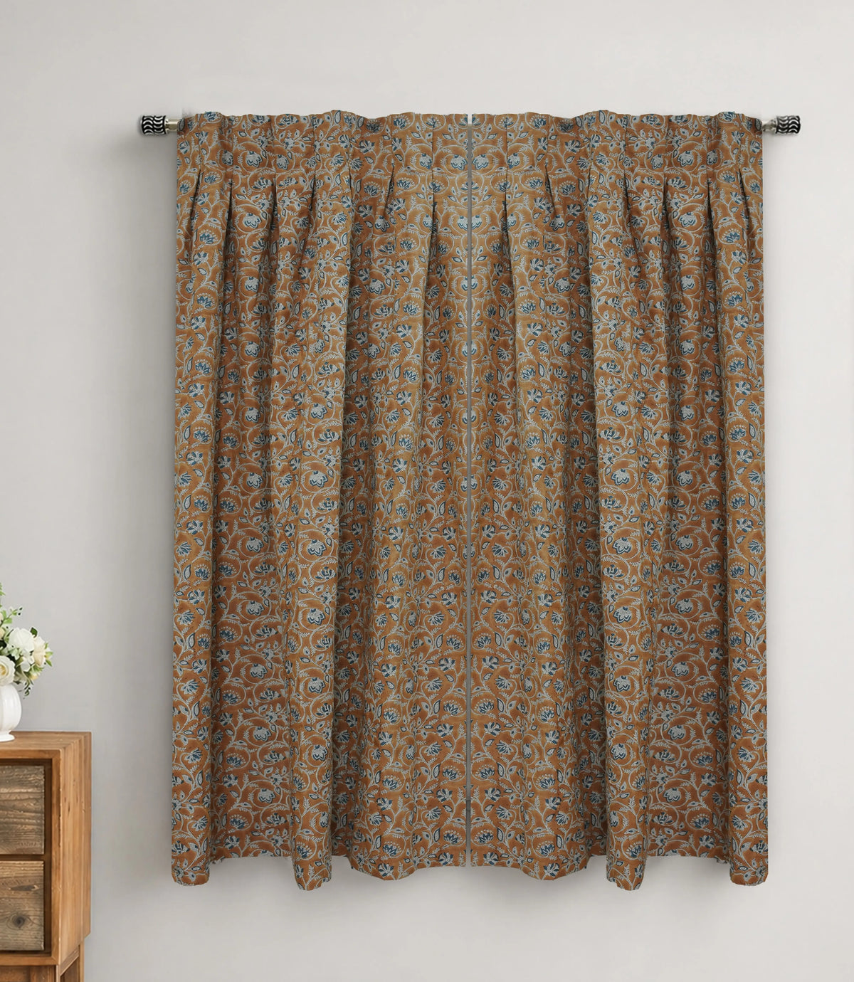 Handcrafted Boho Block Print Two Pleated Pure Linen Curtain - Saraswati