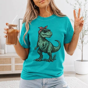 T-Rex Bandana & Sunglasses Graphic T-Shirt | Retro Seafoam Teal Dinosaur Cotton Tee