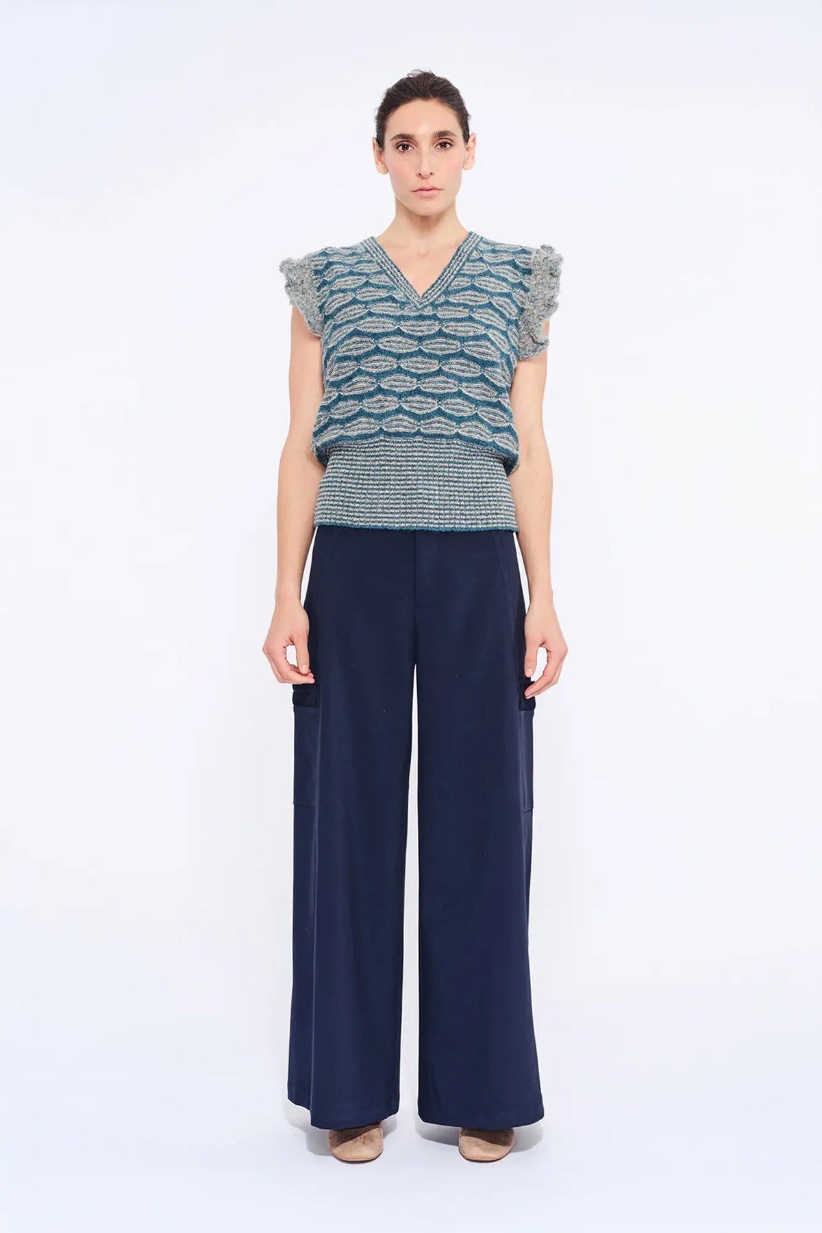 Beca Crochet Sleeve Alpaca Vest | Dark Green Melange