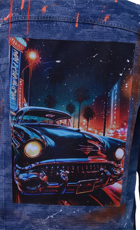 Blue denim jacket with modern car print