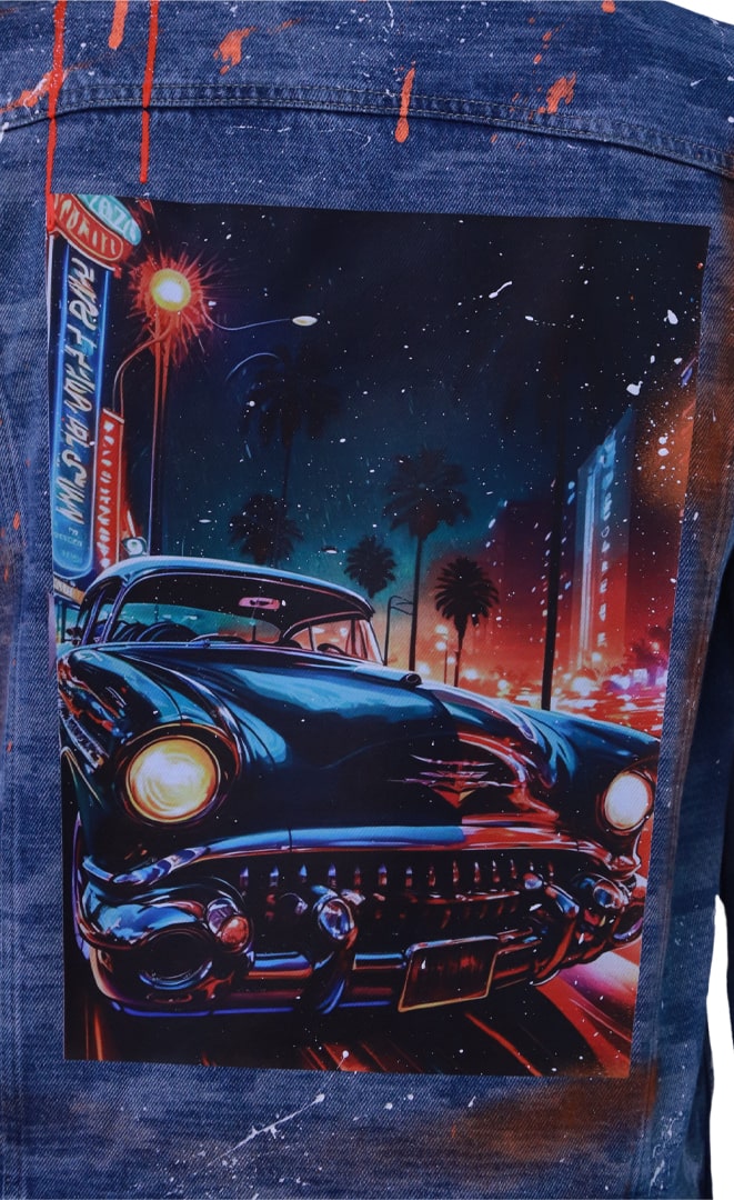 Blue denim jacket with modern car print
