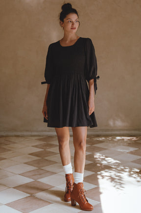 Jolie Puff Sleeve Linen Mini Dress  - Black