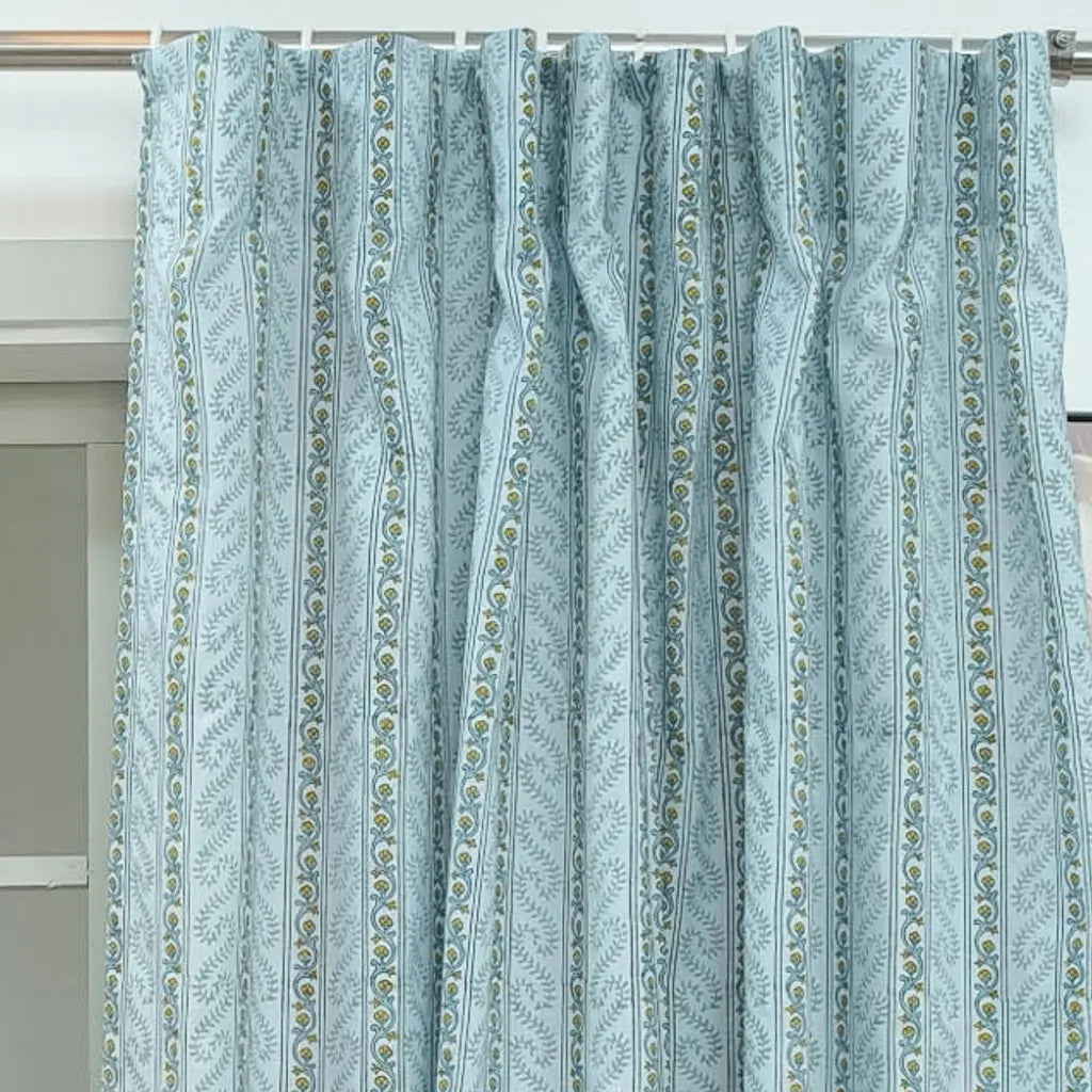 Natural Blue Floral Block Printed Viscose Colored Linen Ring Curtain Panel - Nargis