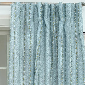 Natural Blue Floral Block Printed Viscose Colored Linen Ring Curtain Panel - Nargis