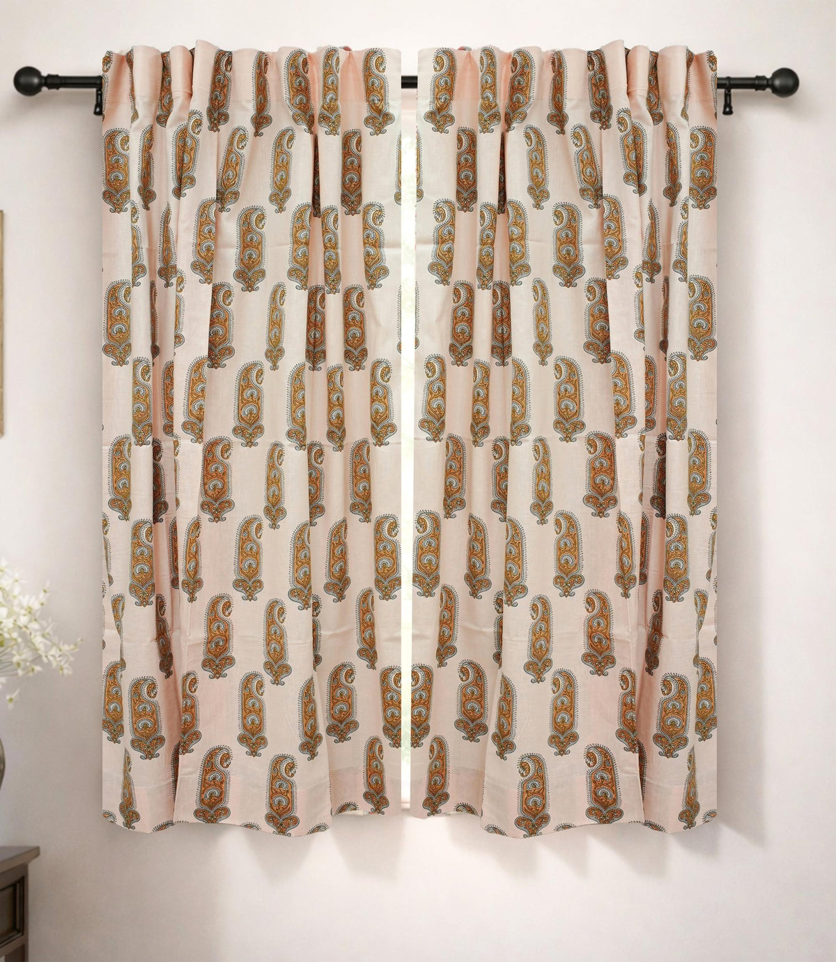 Handmade Yellow Floral Block Print Linen Curtain Boho Window Drape Panel - Namokar