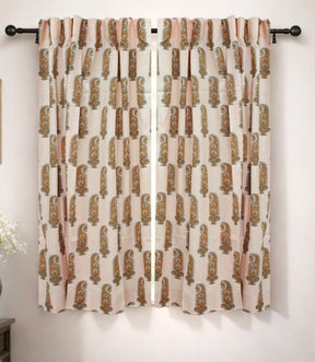 Handmade Yellow Floral Block Print Linen Curtain Boho Window Drape Panel - Namokar