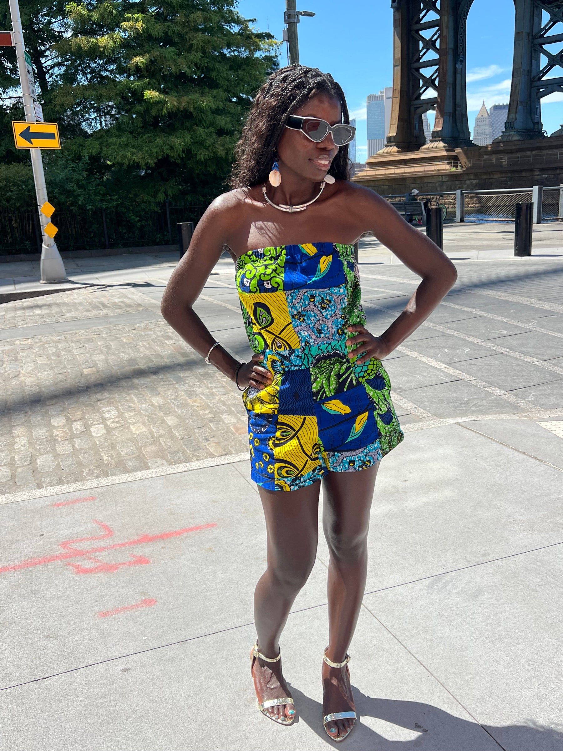 Blue Patchwork Romper