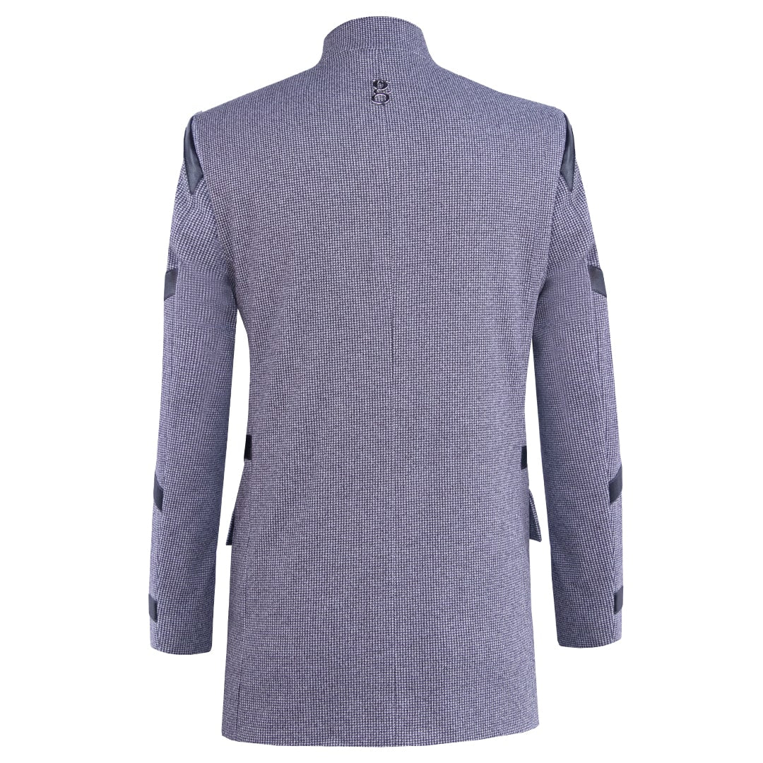 Gray coat with black synthetic fabric accents