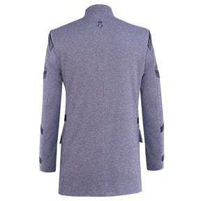 Gray coat with black synthetic fabric accents