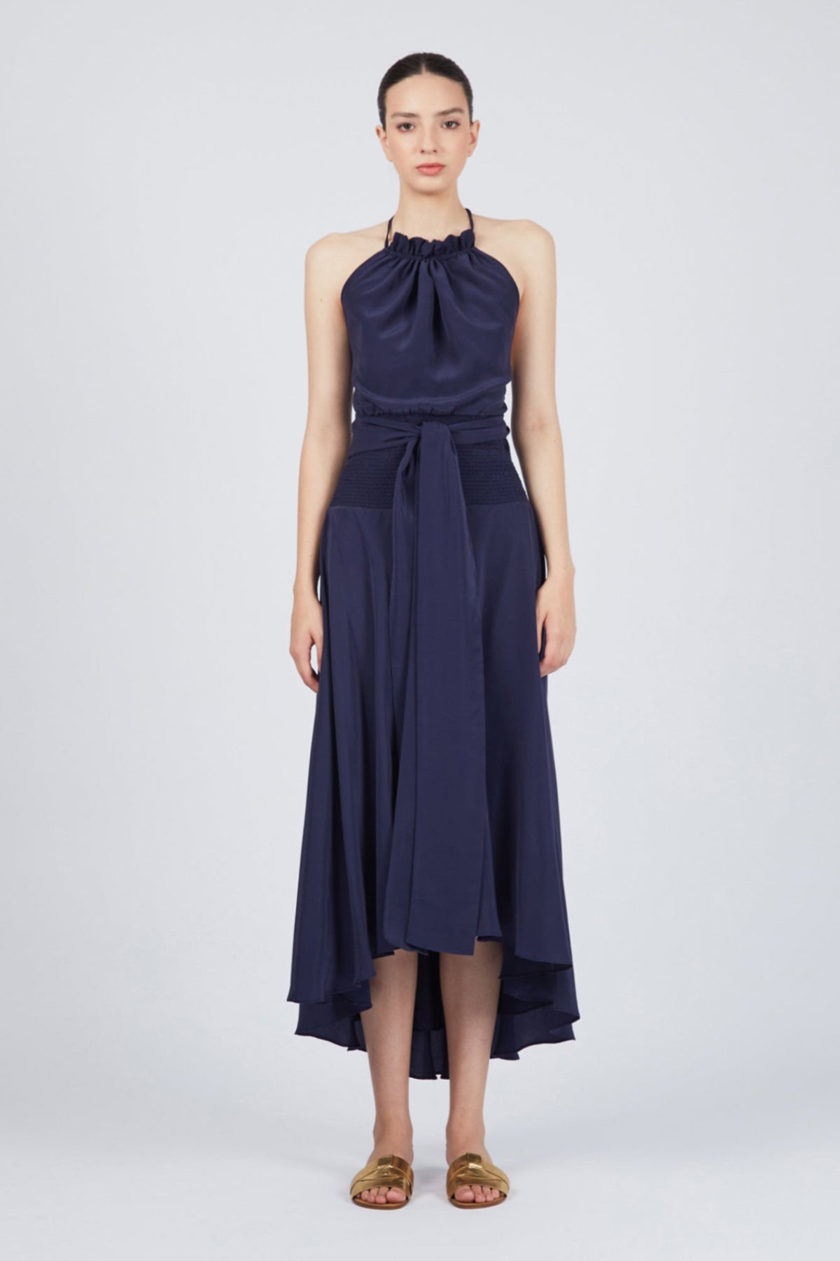 Zenia Halter Neck Silk Dress | Navy