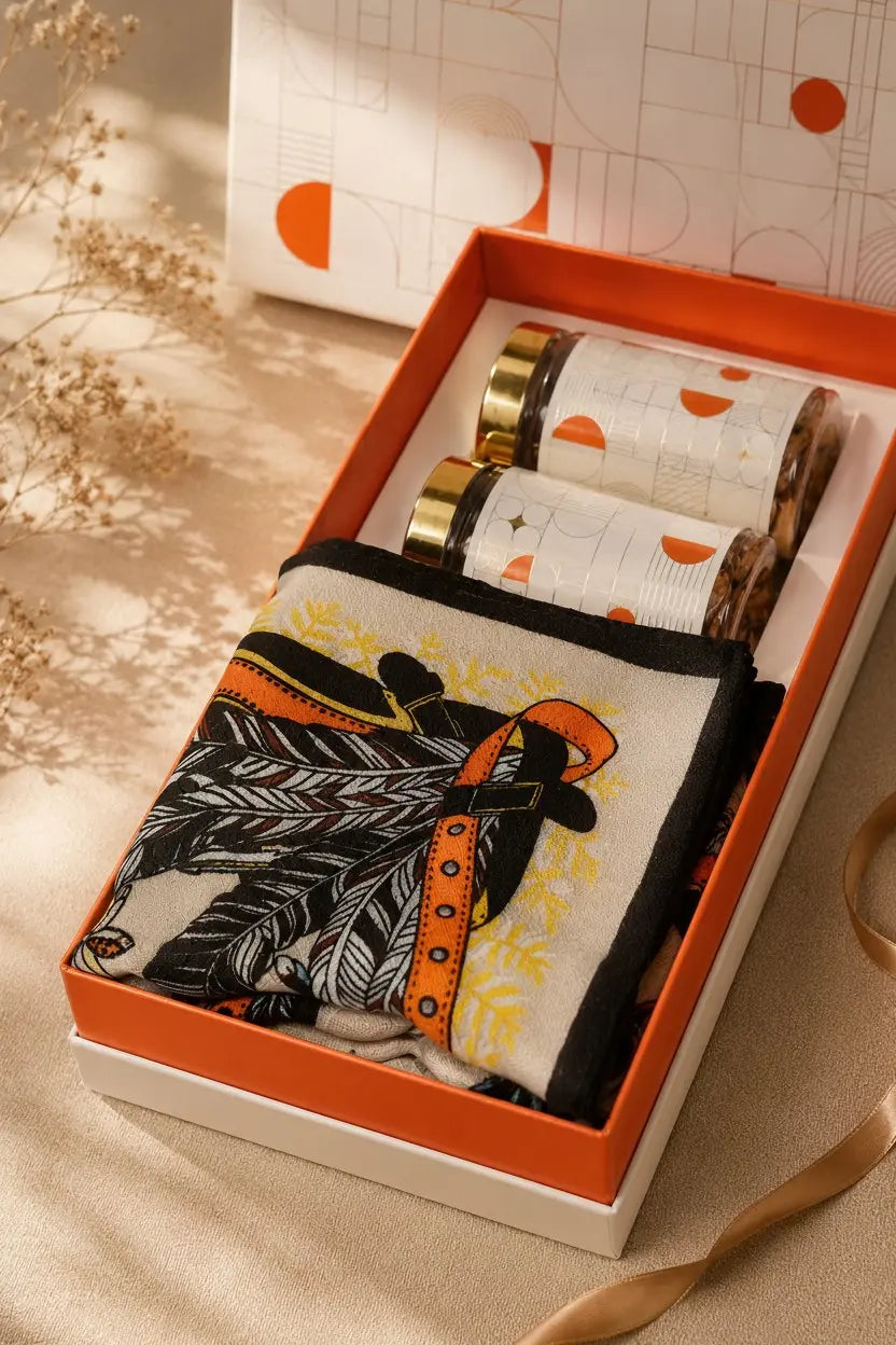 Gift Box with Modern Belt-Design Stole – All-Season Luxury Hamper