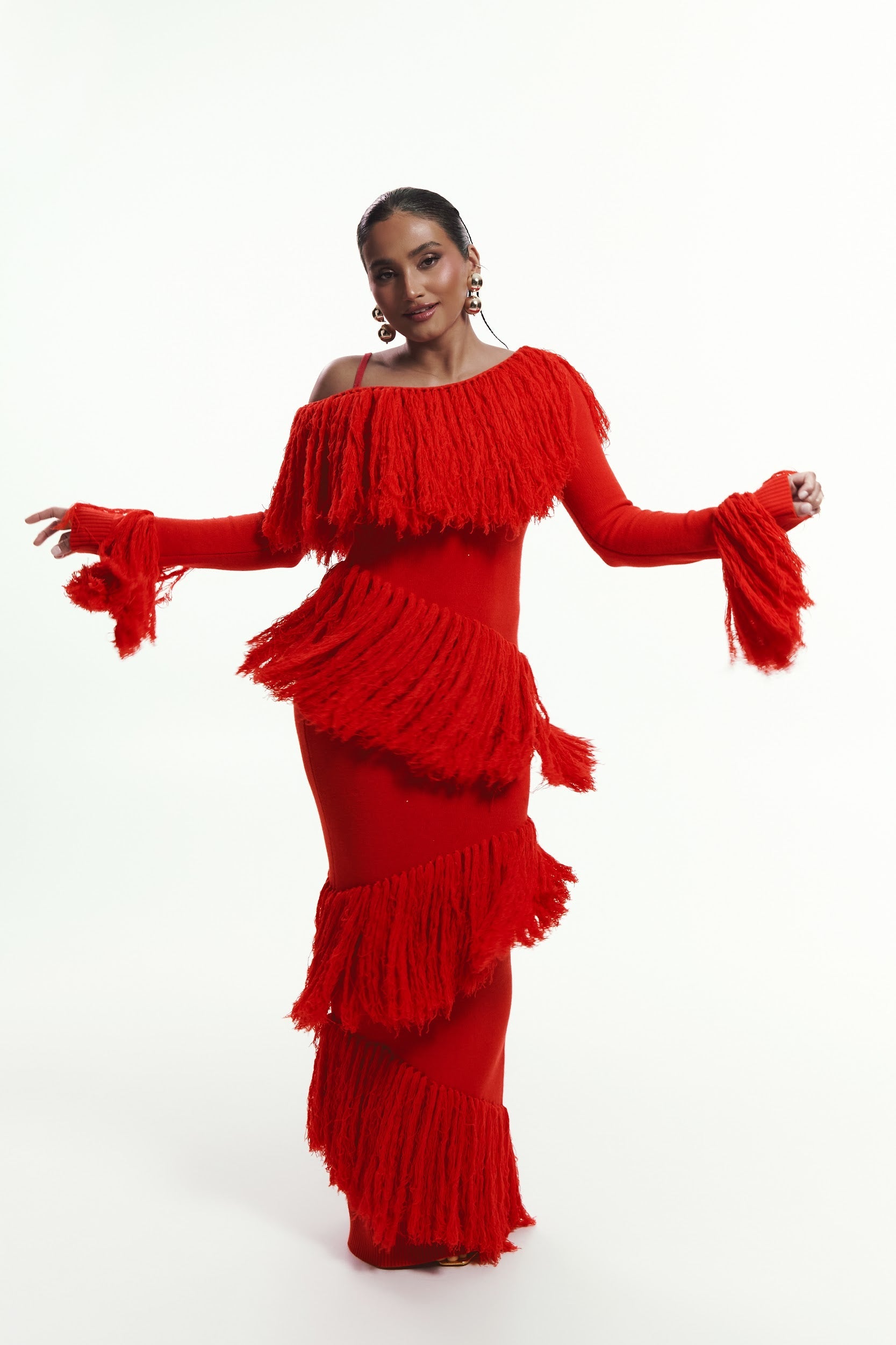 IGHO Sequin Fringe Maxi Dress in RED