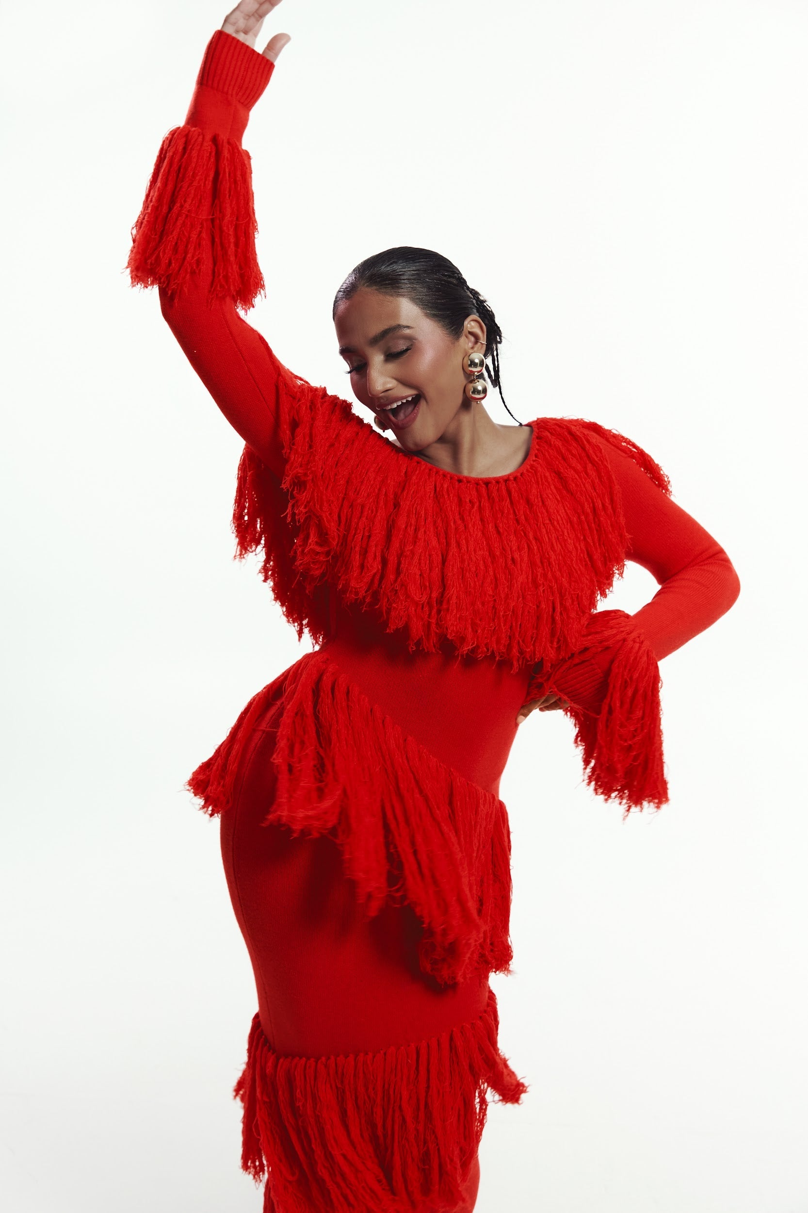 IGHO Sequin Fringe Maxi Dress in RED