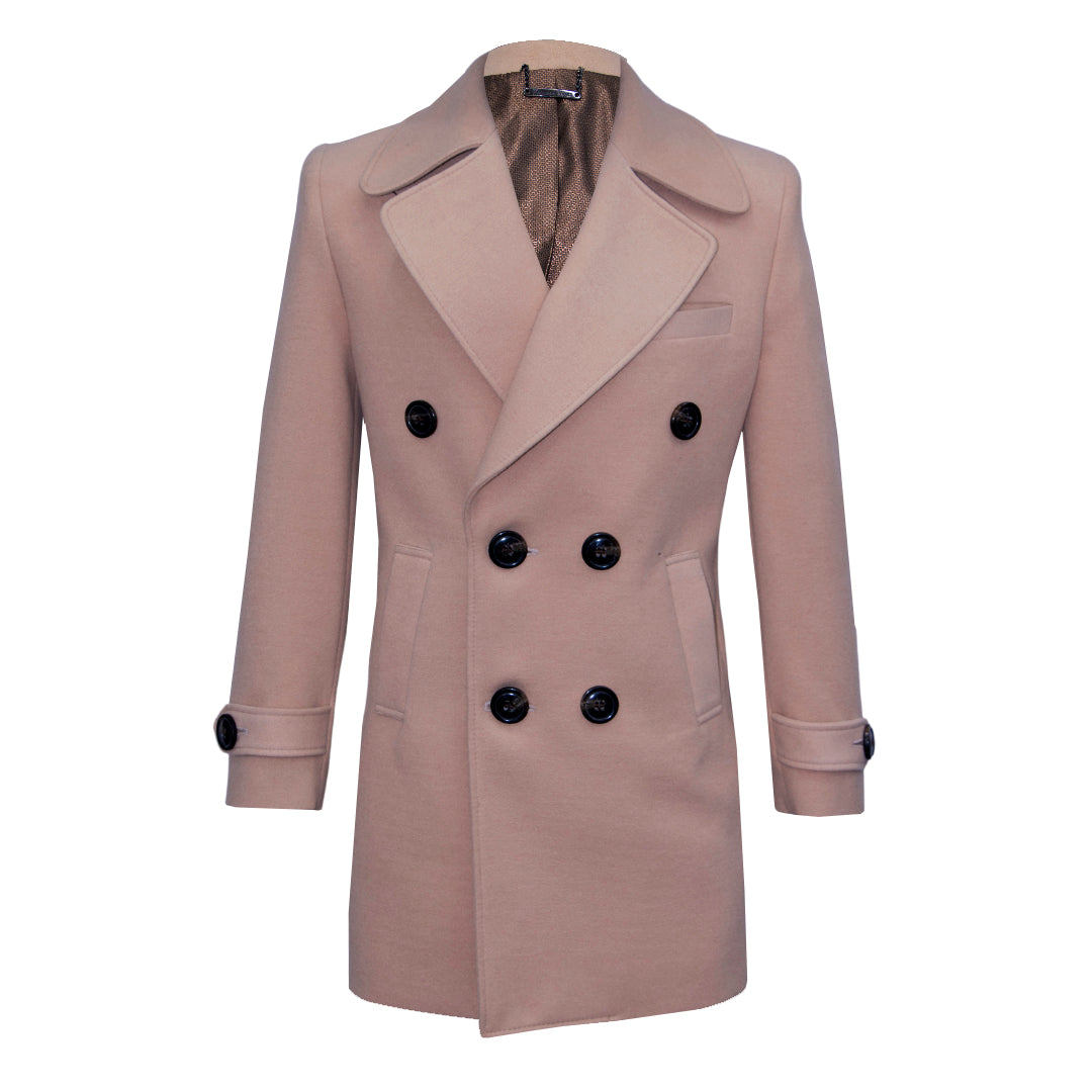Beige double-breasted coat with wide lapels.