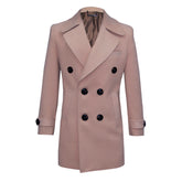 Beige double-breasted coat with wide lapels.