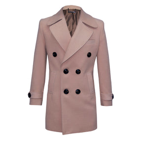 Beige double-breasted coat with wide lapels.