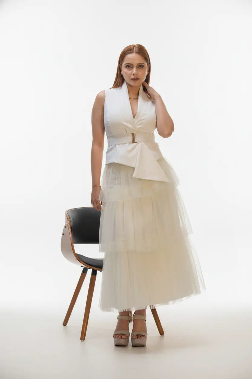 Butter Yellow Layer Skirt & Ivory Waist Coat - Soft Contrast