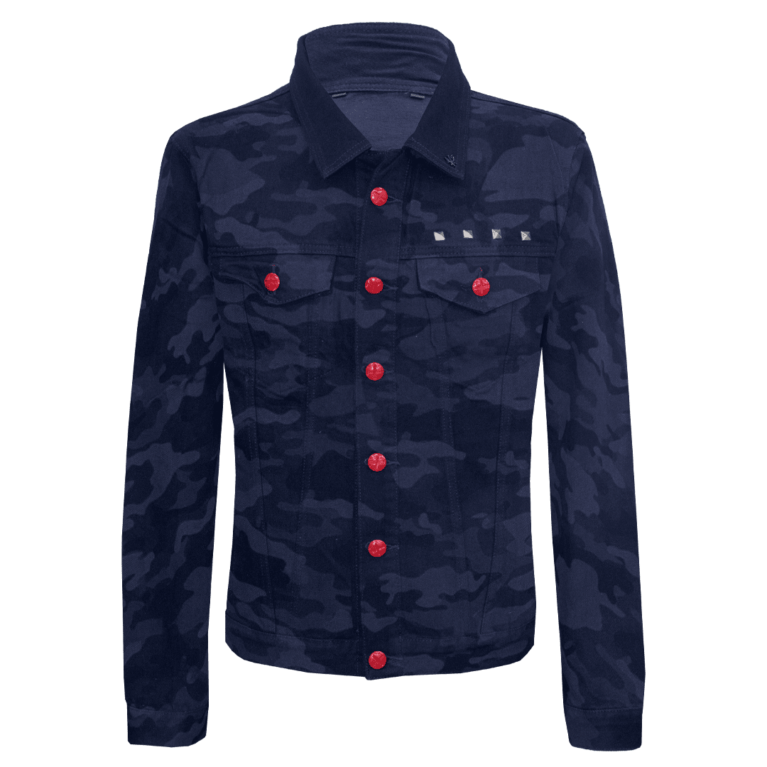 Black camo denim jacket with red buttons