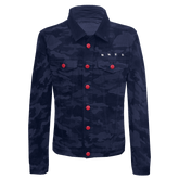 Black camo denim jacket with red buttons