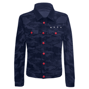 Black camo denim jacket with red buttons