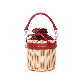Red Leather & Straw Bucket Bag with Drawstring