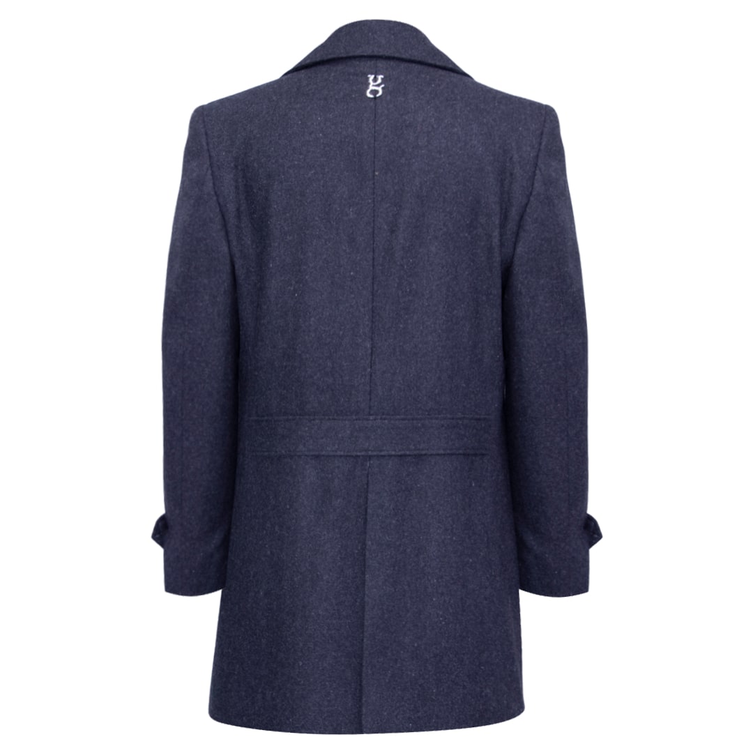Dark grey double-breasted coat with wide lapels.