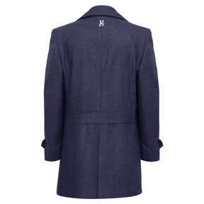 Dark grey double-breasted coat with wide lapels.