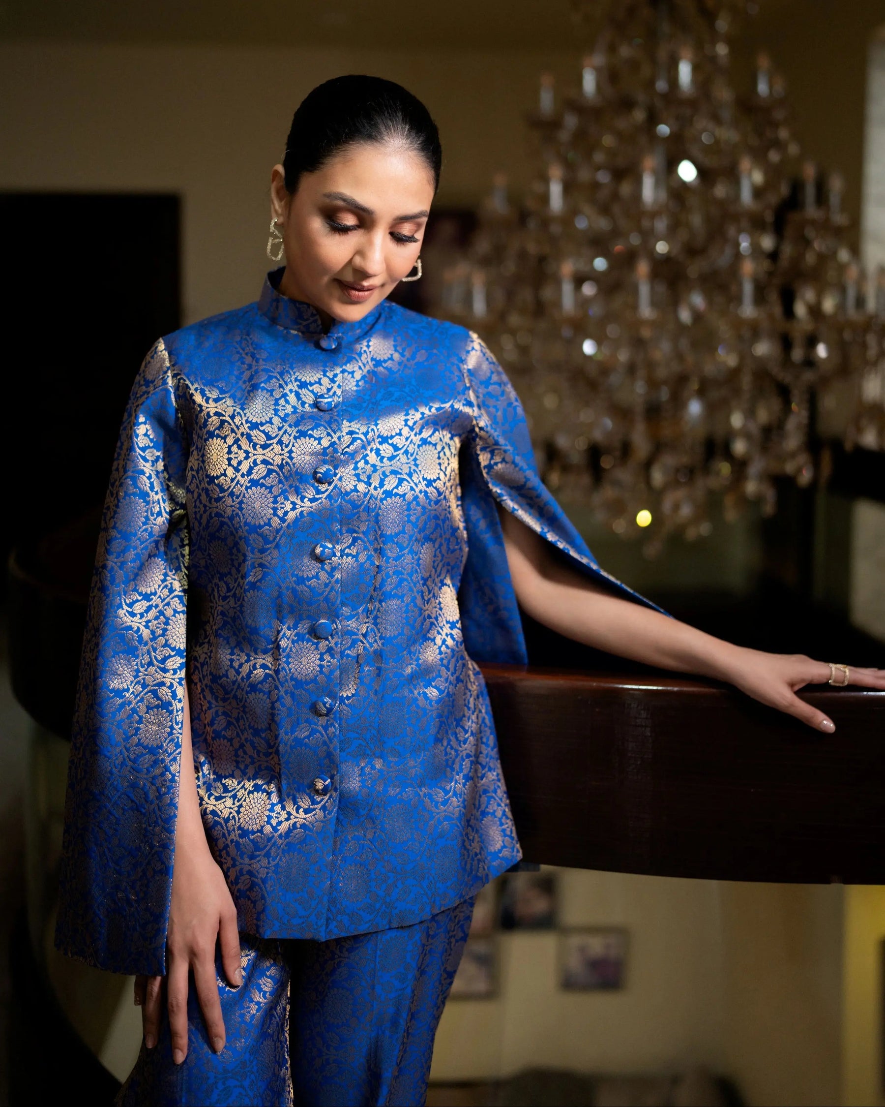 Mumtaz Banarasi Cape Co-ord Set: Women's Royal Blue Gold Floral Indowestern Wear