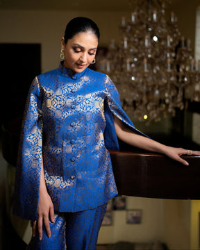Mumtaz Banarasi Cape Co-ord Set: Women's Royal Blue Gold Floral Indowestern Wear